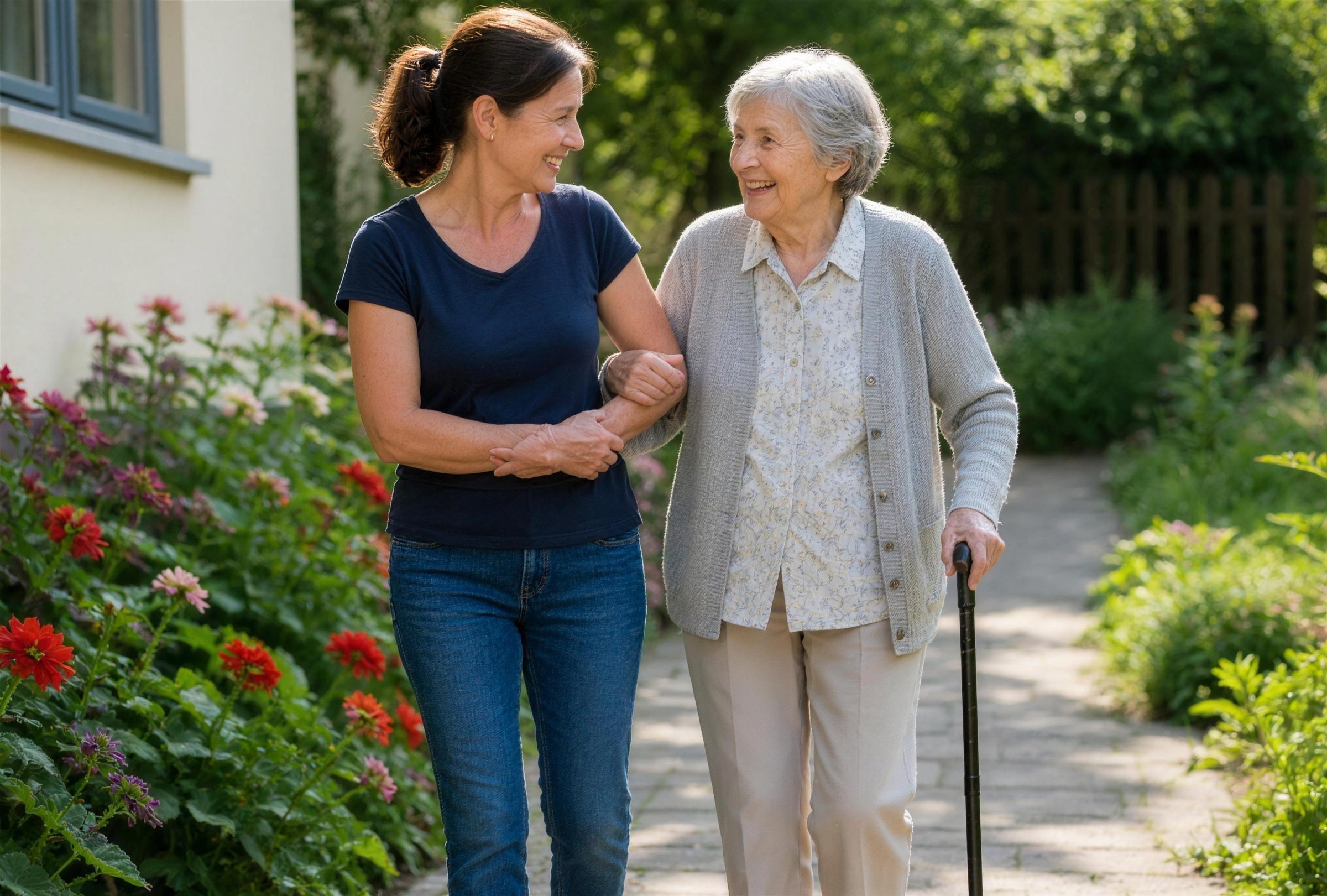 Betreuung in häuslicher Gemeinschaft – Spaziergang im Garten