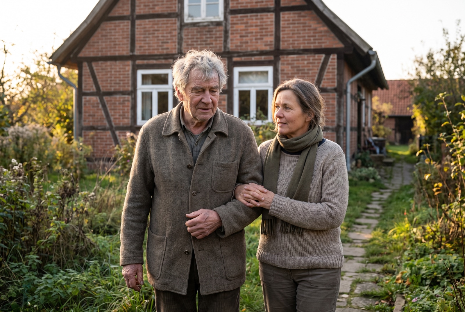 Senior mit Demenz beim Spaziergang im Garten mit seiner Betreuungskraft
