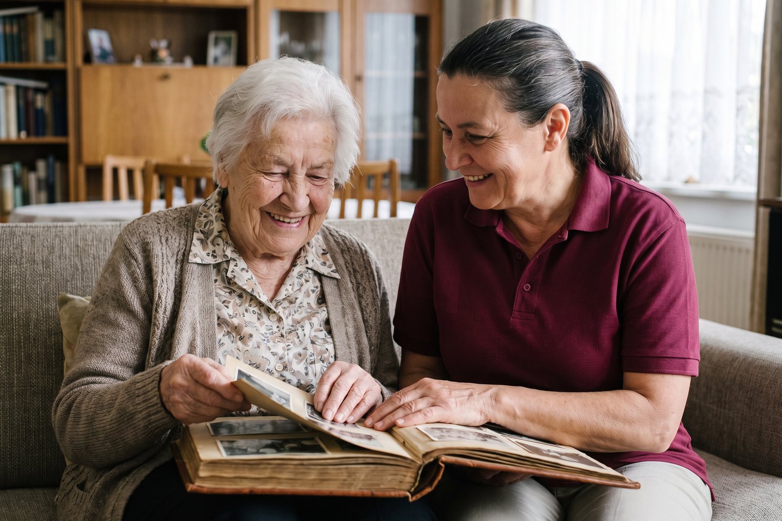 Seniorin zeigt ihrer Betreuungskraft auf dem Sofa ein altes Fotoalbum