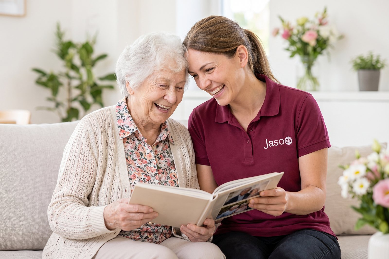 Seniorin zeigt ihrer Betreuungskraft von Jaso24 auf dem Sofa ein Fotoalbum