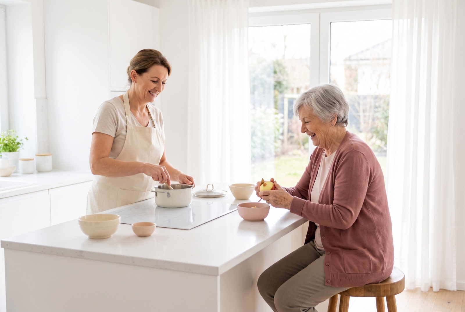 Betreuungskraft und Seniorin kochen gemeinsam – Alltag mit 24-Stunden-Pflege zu Hause
