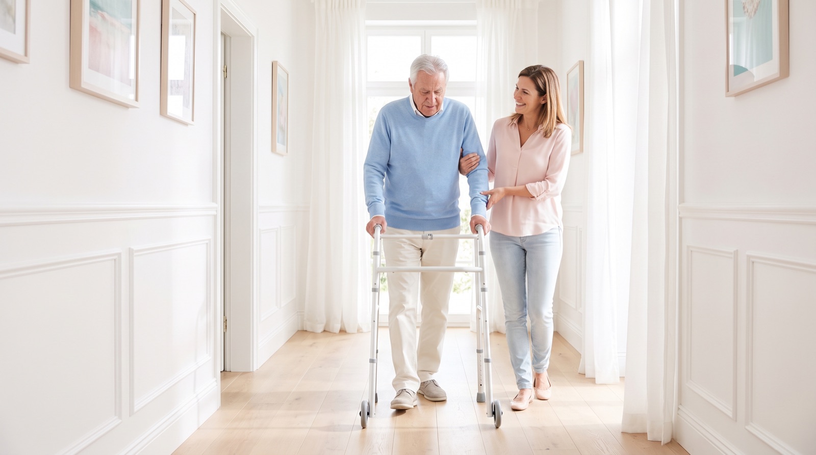 Senior nach Schlaganfall übt das Gehen mit Rollator, Betreuungskraft stützt ihn – Betreuung nach Schlaganfall zu Hause