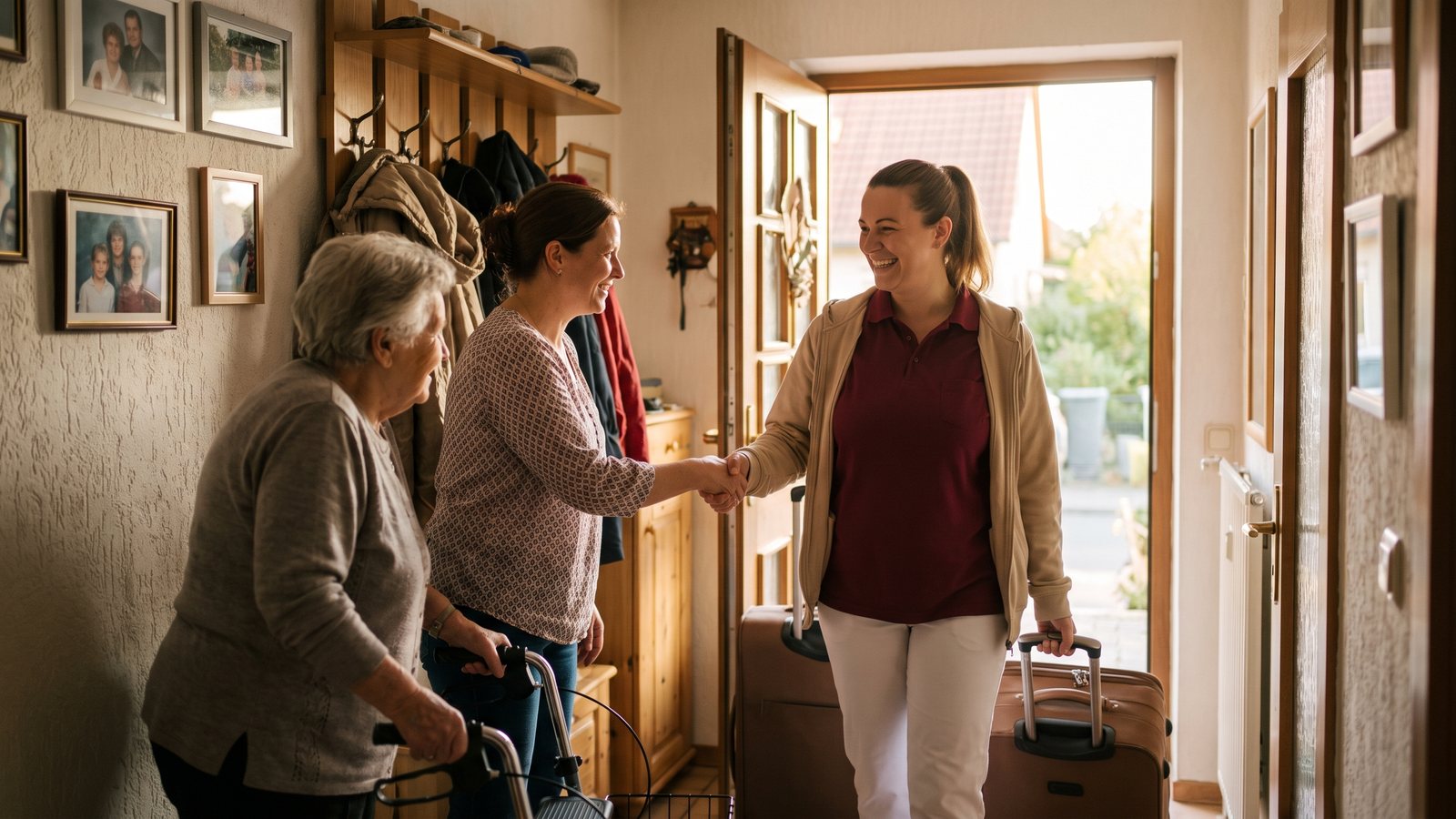 Betreuungskraft kommt mit Koffer an und wird von Seniorin und Tochter an der Haustür begrüßt