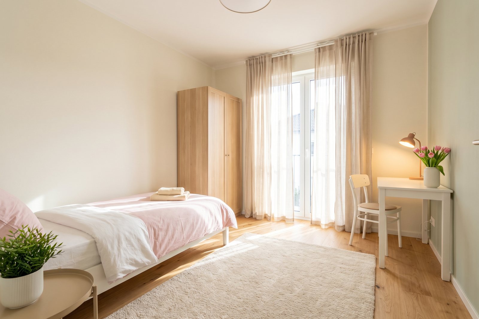 Vorbereitetes helles Zimmer für die Betreuungskraft mit Bett, Schrank, Schreibtisch und Fenster