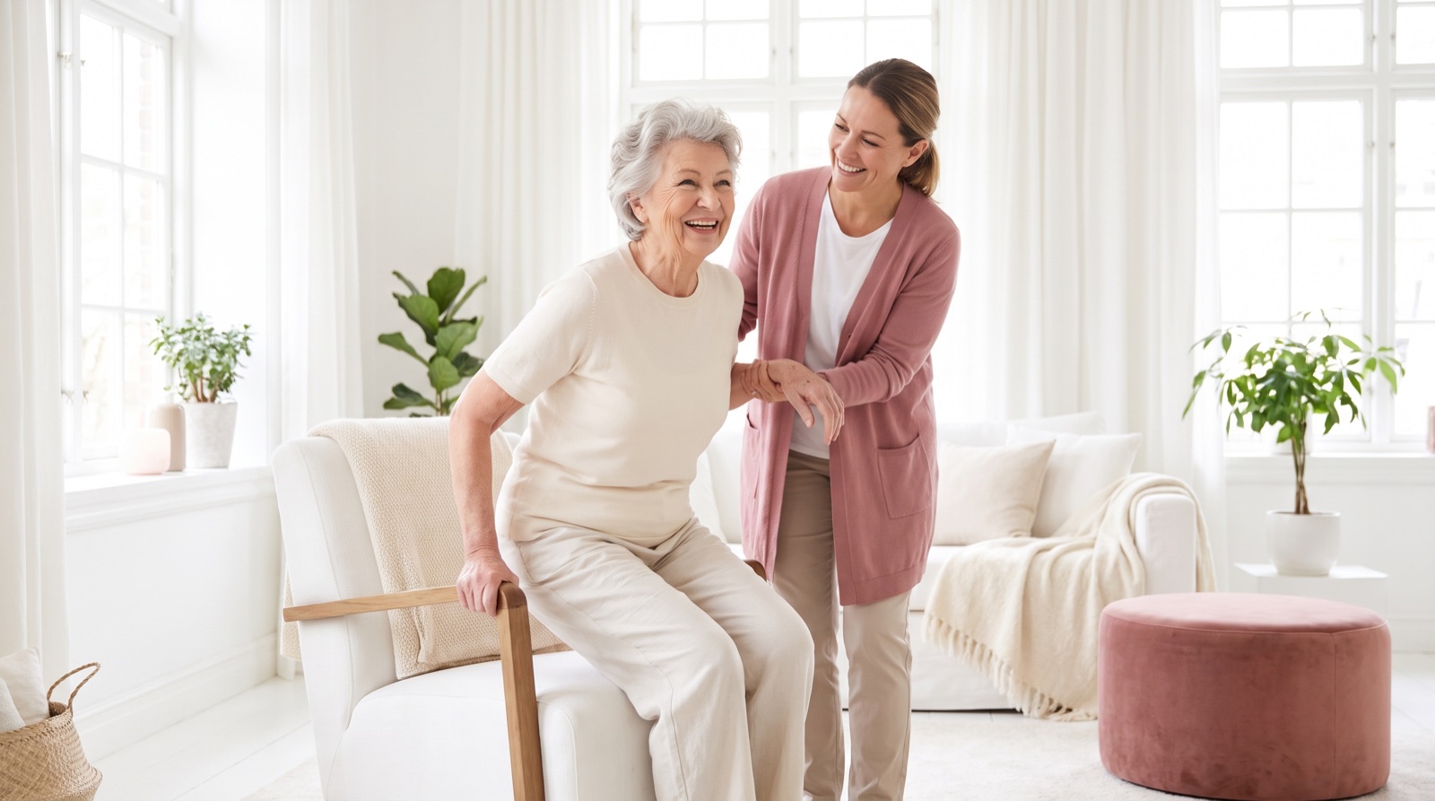 Seniorin übt das Aufstehen vom Stuhl mit Unterstützung – Bewegung im Alter