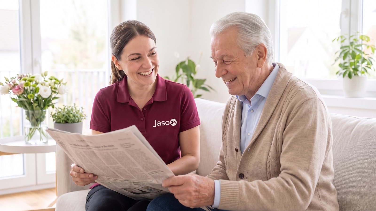 Betreuungskraft liest mit einem Senior Zeitung, beide lachen