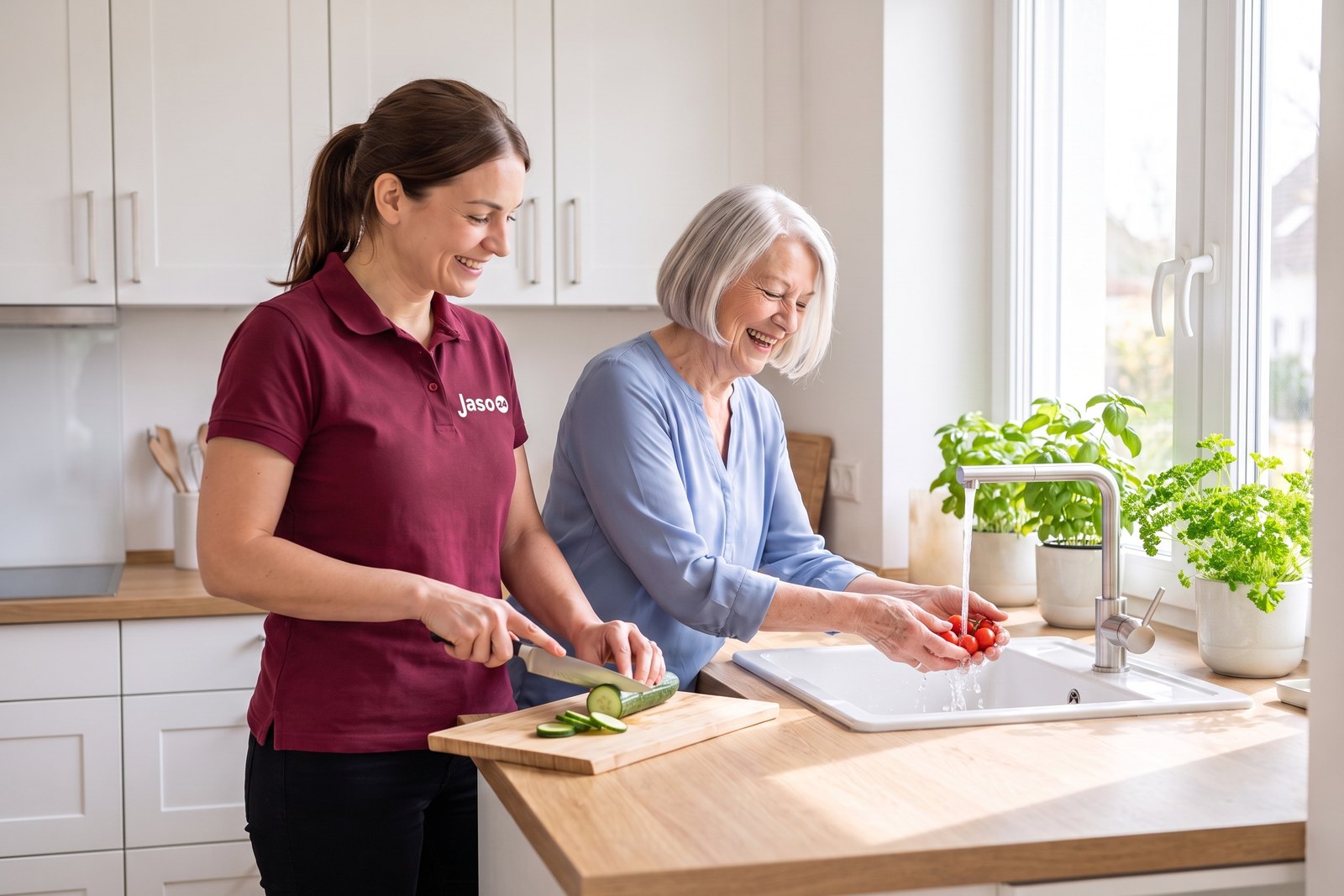 Betreuungskraft und Seniorin bereiten in der Küche gemeinsam einen Salat zu