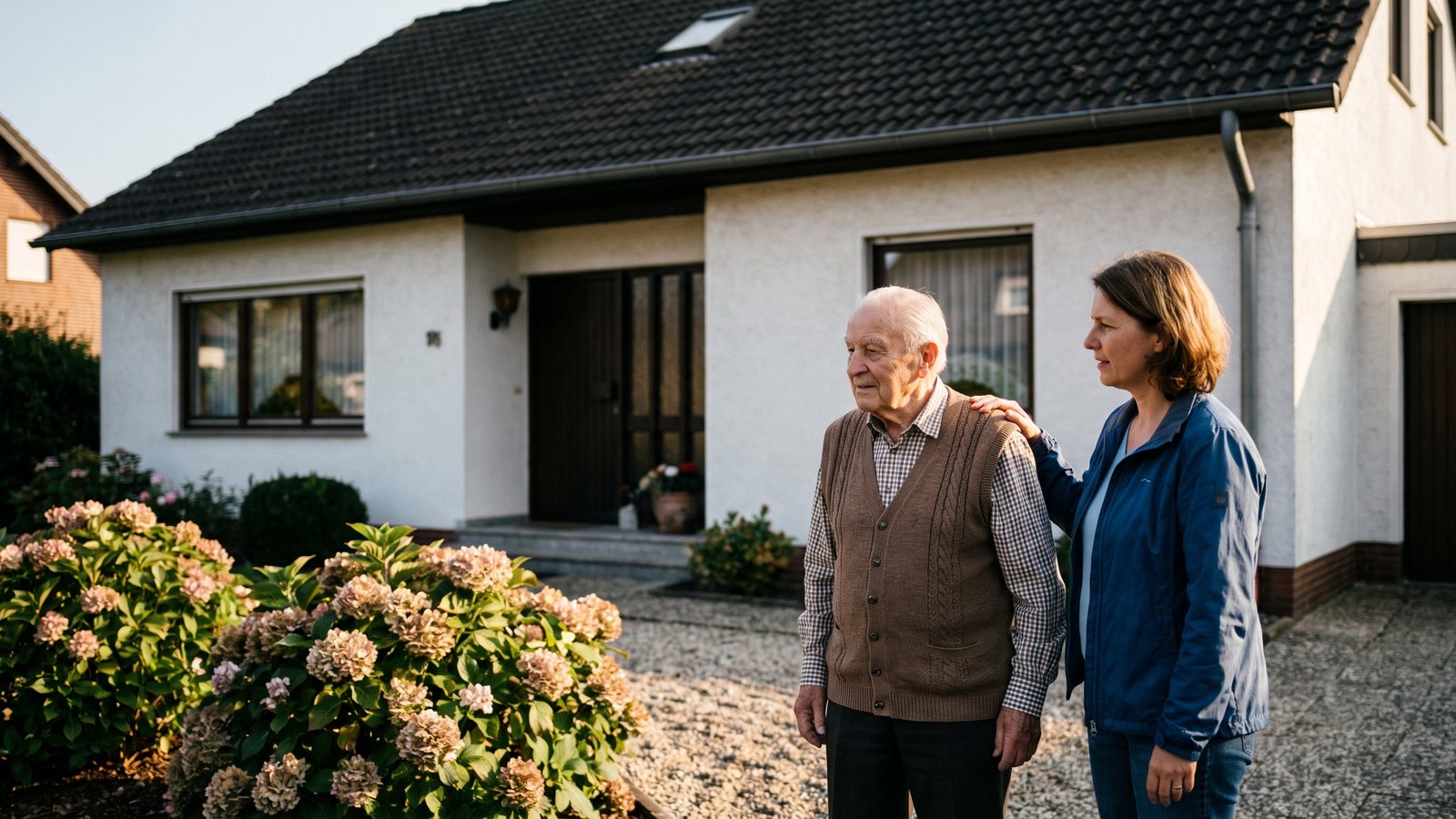 Senior steht mit seiner Tochter vor dem eigenen Haus