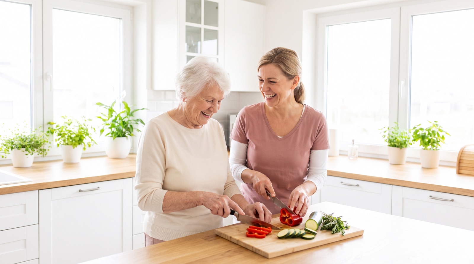 Betreuungskraft und Seniorin kochen gemeinsam – Ernährung im Alter