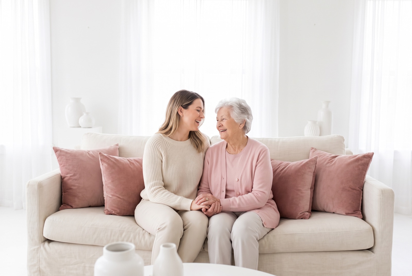 Betreuungskraft singt gemeinsam mit einer Seniorin aus einem Liederbuch