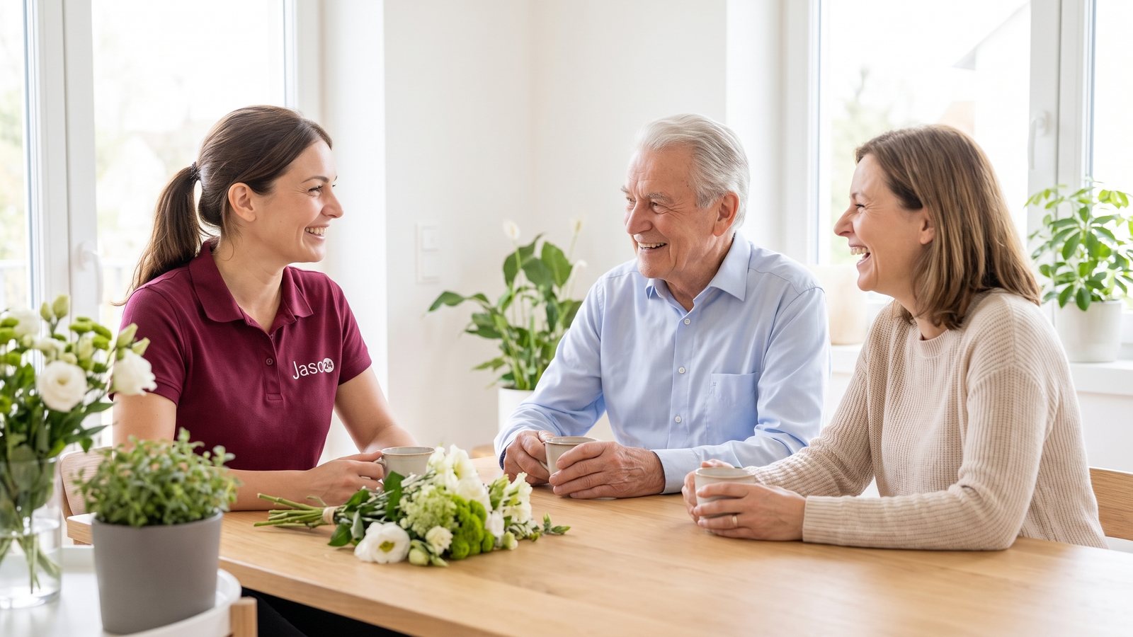 Familie im Gespräch mit einer Betreuungskraft von Jaso24 am Esstisch