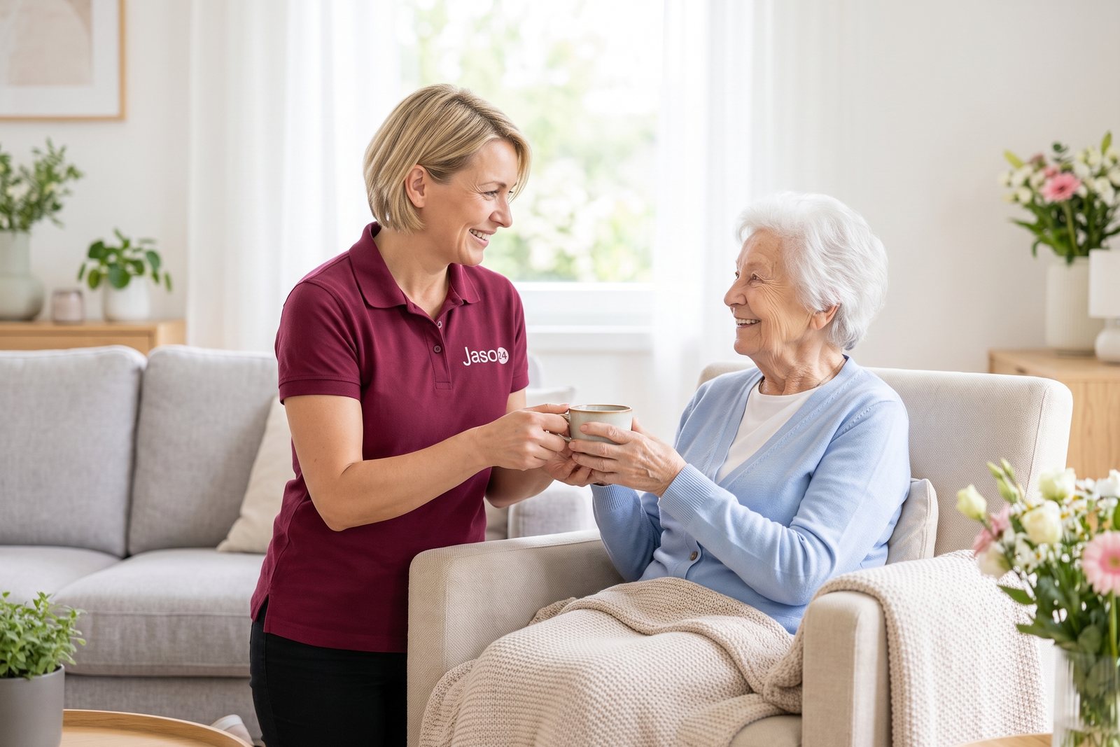 Betreuungskraft von Jaso24 reicht einer Seniorin im Sessel eine Tasse Tee