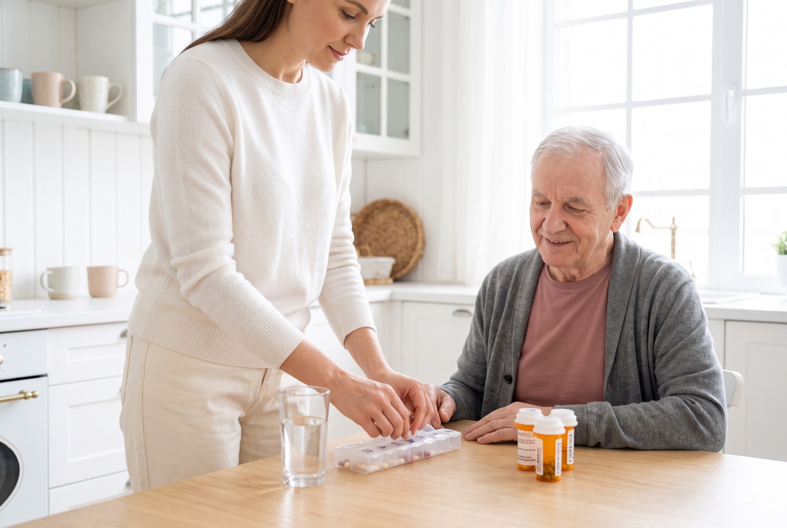 Wöchentlicher Medikamentenplan bei Parkinson wird gemeinsam vorbereitet