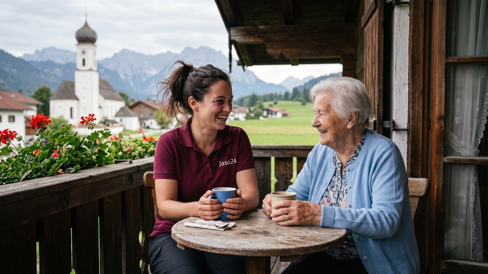 Betreuungskraft und Seniorin sitzen lachend auf einem Holzbalkon mit Blick auf ein oberbayerisches Dorf und die Alpen