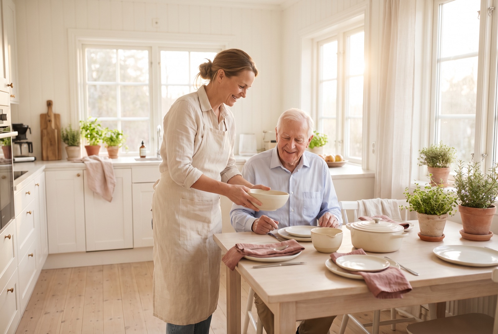 Nach der Arbeit beim Abendessen mit dem pflegebedürftigen Vater