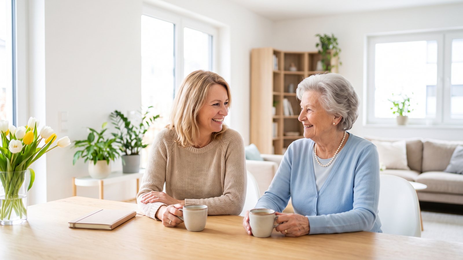 Tochter und Mutter besprechen am Esstisch die Leistungen der Pflegekasse