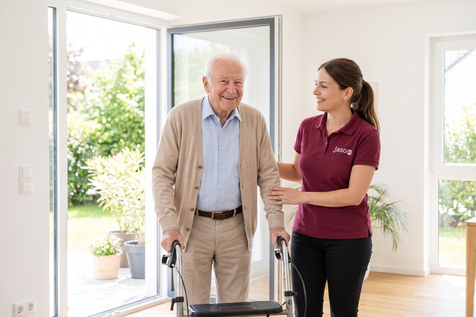 Betreuungskraft von Jaso24 begleitet einen Senior mit Rollator zur Terrasse
