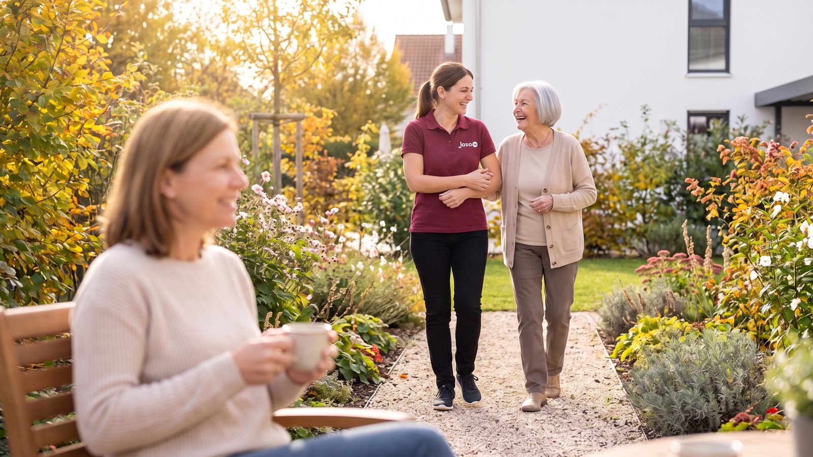 Betreuungskraft geht Arm in Arm mit einer Seniorin durch den Garten, die Tochter trinkt auf der Terrasse Kaffee und lächelt erleichtert