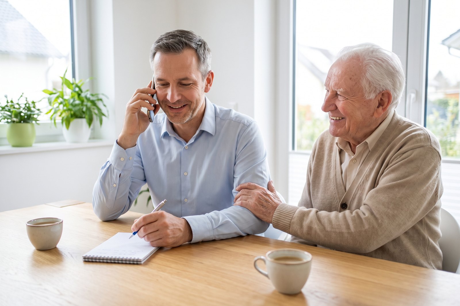 Sohn telefoniert und macht sich Notizen, sein Vater sitzt neben ihm am Tisch