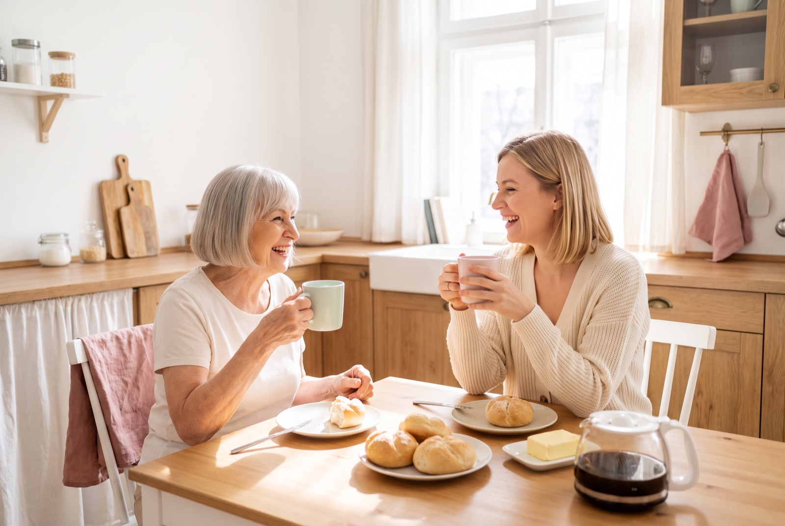 Gemeinsames Frühstück mit der Betreuungskraft, die im Haushalt lebt – 24-Stunden-Betreuung