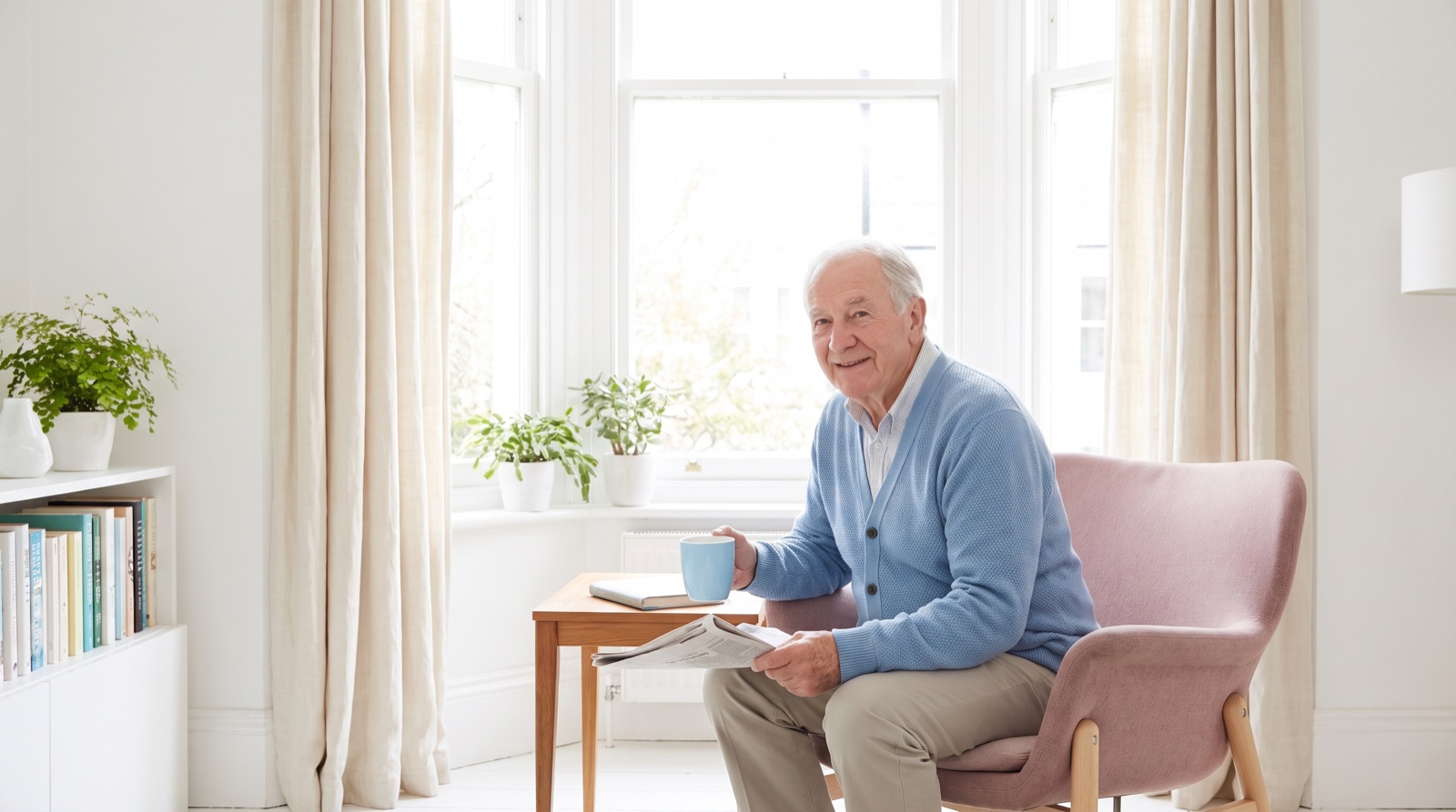 Morgenroutine eines Seniors: Kaffee und Zeitung am Fenster – Tagesstruktur im Alter