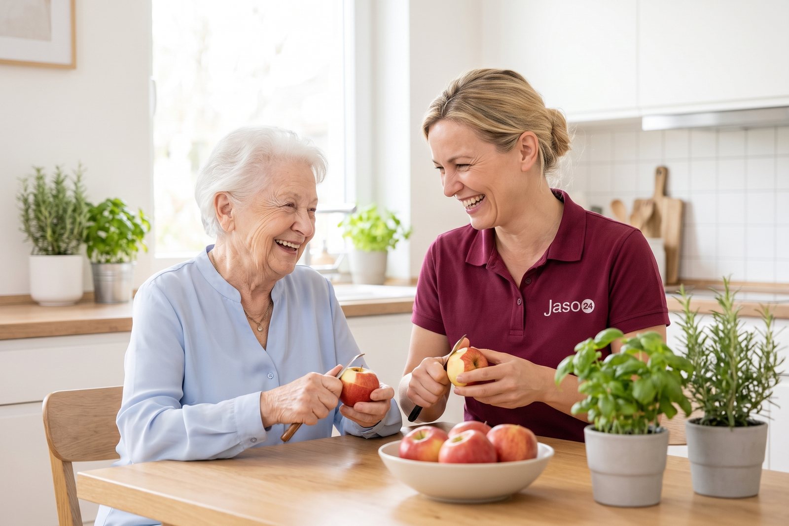 Seniorin und Betreuungskraft von Jaso24 schälen gemeinsam Äpfel in der Küche