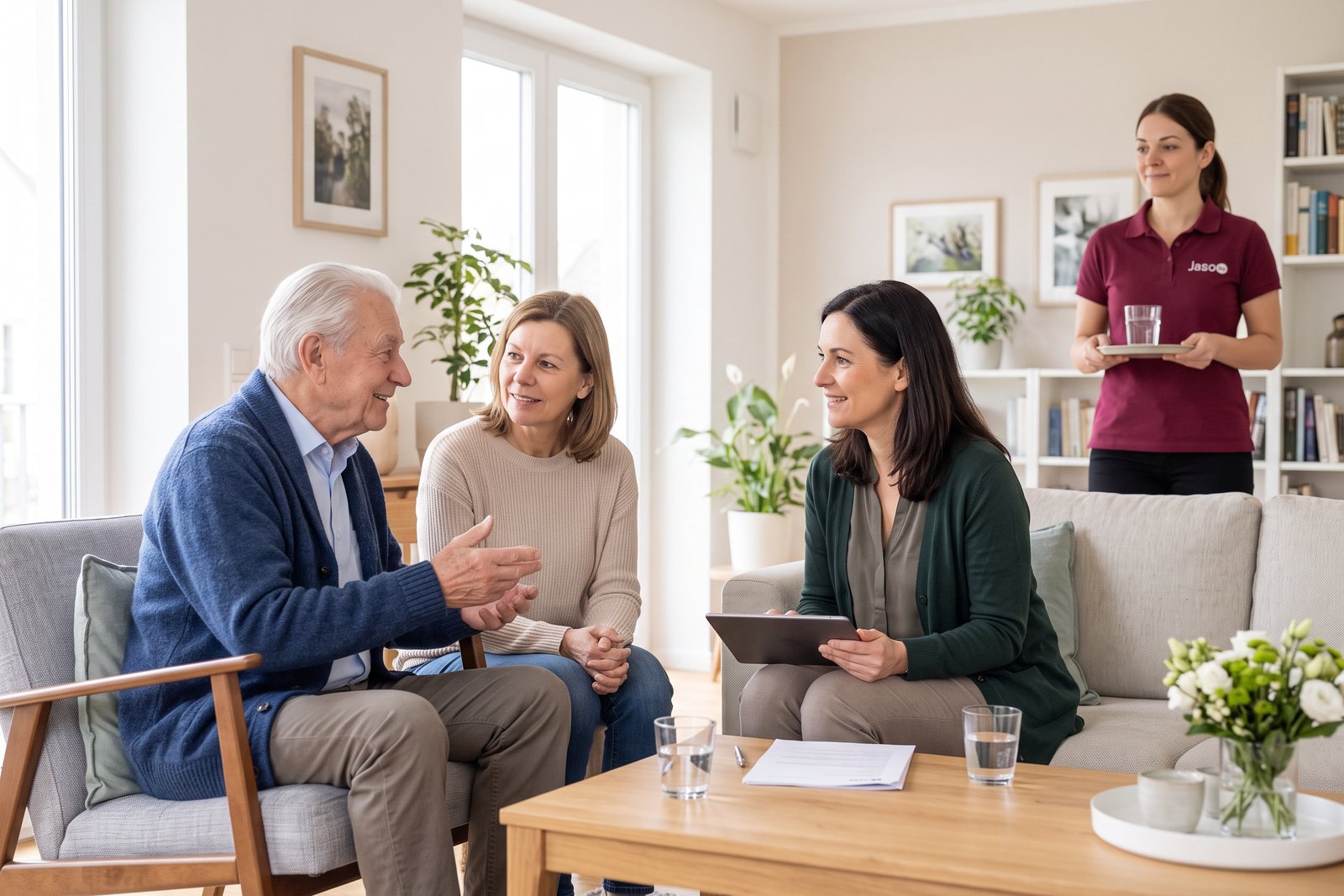 Gutachterin des Medizinischen Dienstes im Gespräch mit einem Senior und seiner Tochter beim Hausbesuch